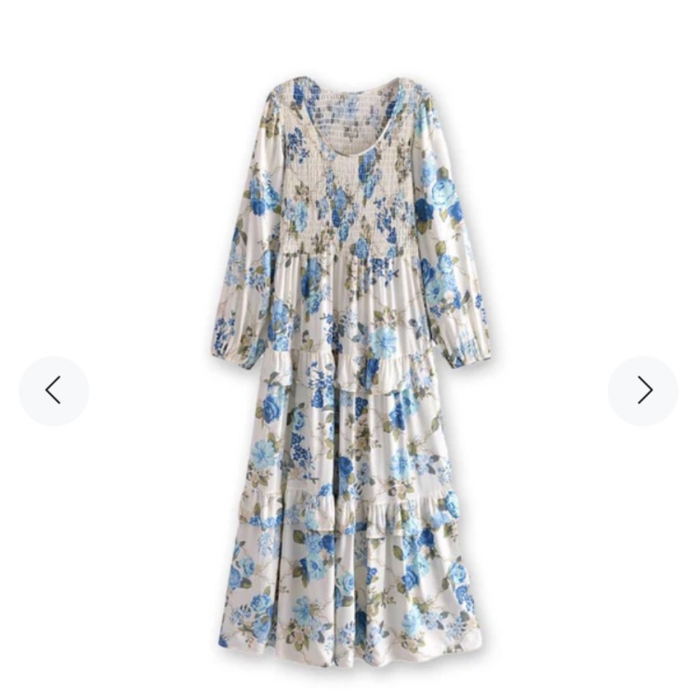 Sunday Up Blue and White Dress Wildflower Boho Floral Long Sleeve size S cottage